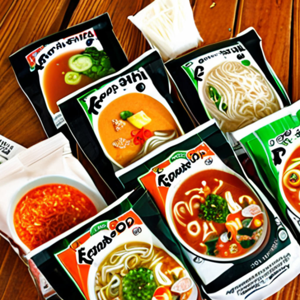 **

A close-up shot of various instant soup packets, some recognizable brands and some with Asian-inspired labels (Ramen, Pho), arranged on a wooden table. Focus on the ingredient lists and nutritional information panels. Include some fresh vegetables (carrots, green onions) and spices (chili flakes) scattered around, suggesting ways to personalize the soup. Lighting should be bright and inviting.

**