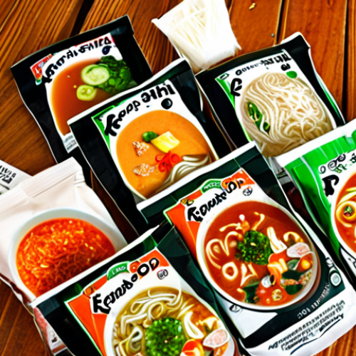 **

A close-up shot of various instant soup packets, some recognizable brands and some with Asian-inspired labels (Ramen, Pho), arranged on a wooden table. Focus on the ingredient lists and nutritional information panels. Include some fresh vegetables (carrots, green onions) and spices (chili flakes) scattered around, suggesting ways to personalize the soup. Lighting should be bright and inviting.

**