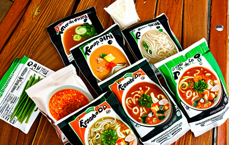 **
A close-up shot of various instant soup packets, some recognizable brands and some with Asian-inspired labels (Ramen, Pho), arranged on a wooden table. Focus on the ingredient lists and nutritional information panels. Include some fresh vegetables (carrots, green onions) and spices (chili flakes) scattered around, suggesting ways to personalize the soup. Lighting should be bright and inviting.
**
